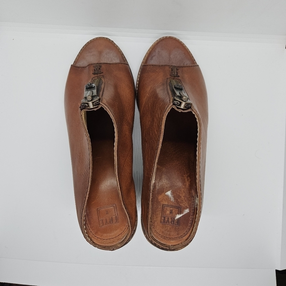 Frye cognac Izzy Zip moto sandal heeled mule peeptoe size 9B - Picture 6 of 13